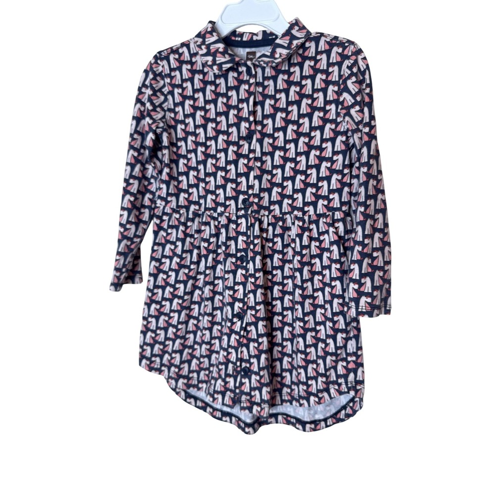 Tea Dress Girls 4 Blue Horse Print Long Sleeve Collared Shirt Cotton Knee Length